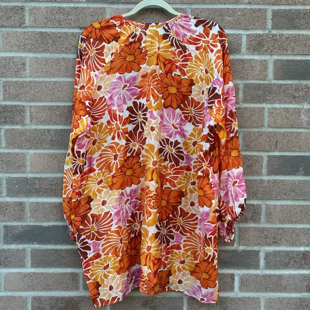 NEW Anthropologie Maeve Kaftan Mini Dress Womens M/L Orange Floral Tie-Neck Boho - Picture 3 of 9
